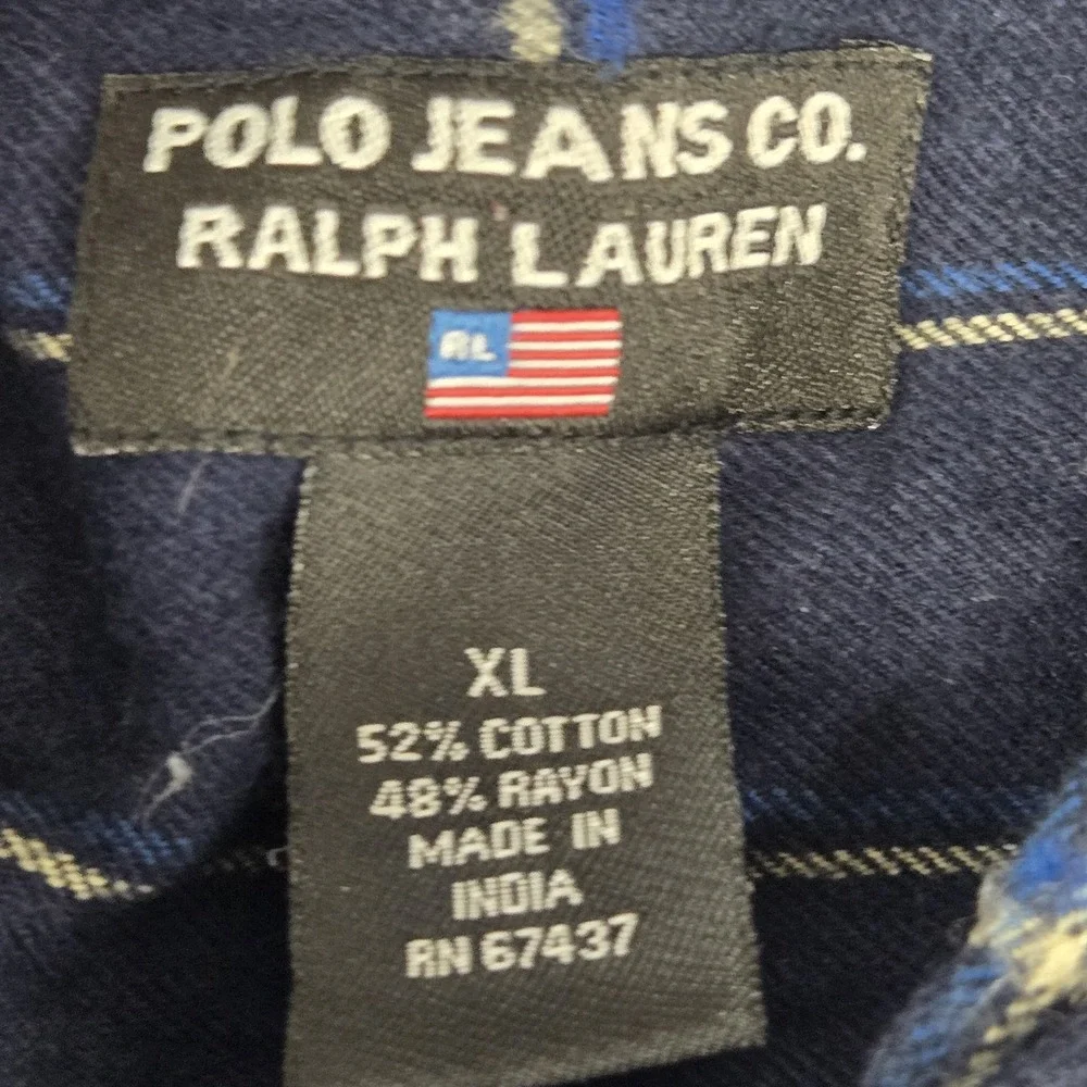 Polo Jeans Ralph Lauren‎ Mens XL Blue Plaid Cotton Blend S/S Button Front Shirt